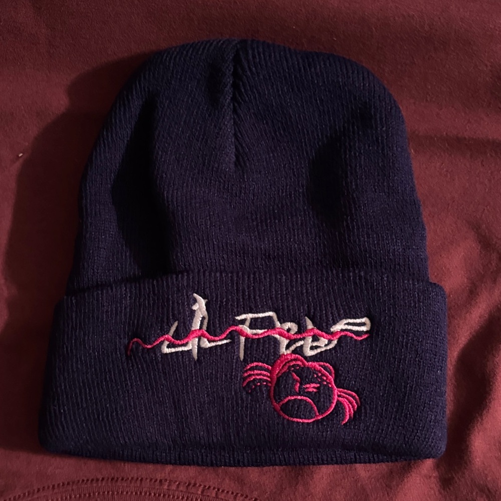 Navy Lil Peep Beanie with Pink and White Embroidery